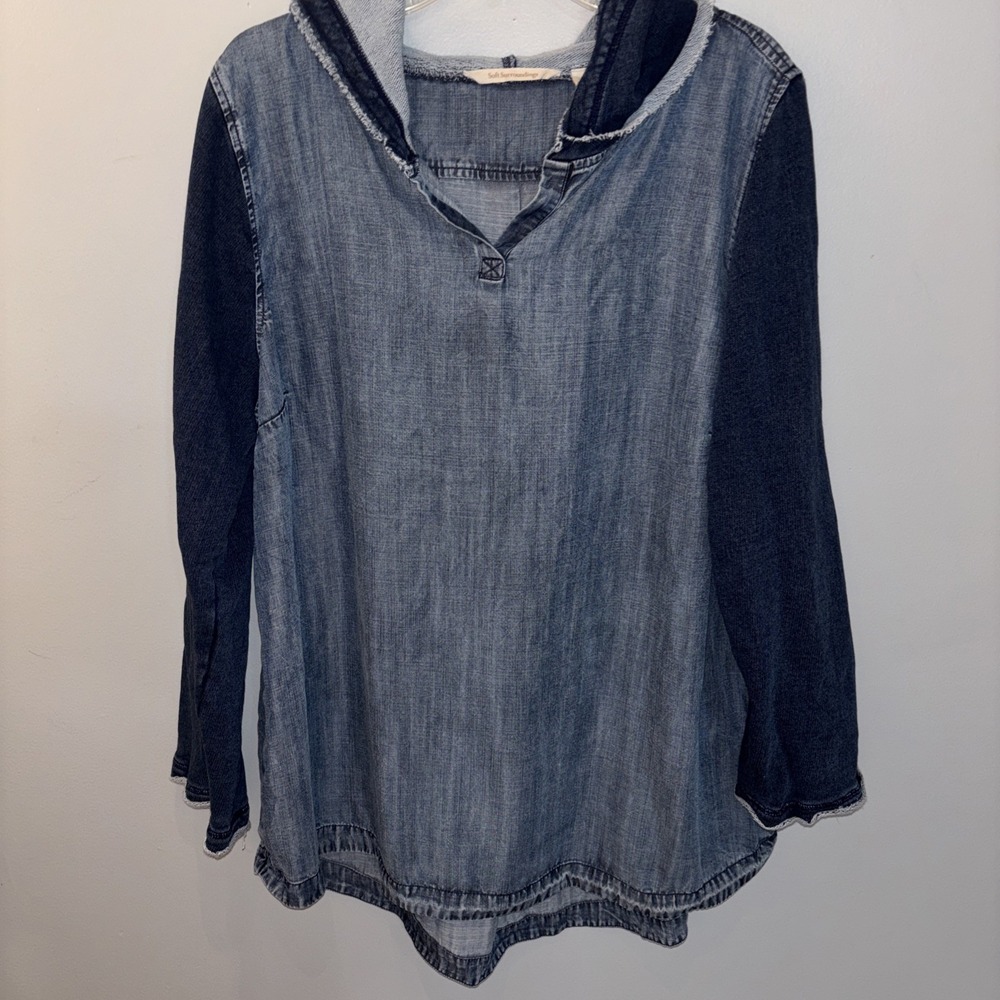 Soft Surroundings Tunic Top Womens Size XL Blue Chambray Contrast Sleeves